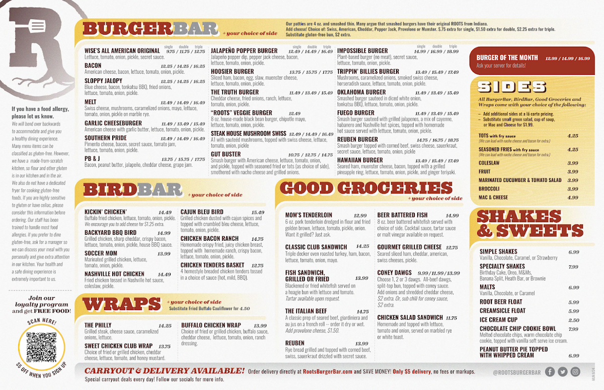 Roots Burger Bar Menu - Image 1